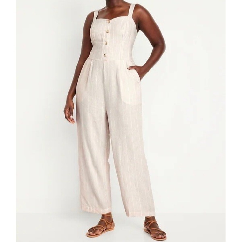 Universal Thread Womens Linen Blend Cami Jumpsuit Size L Beige Stripe Wide Leg
